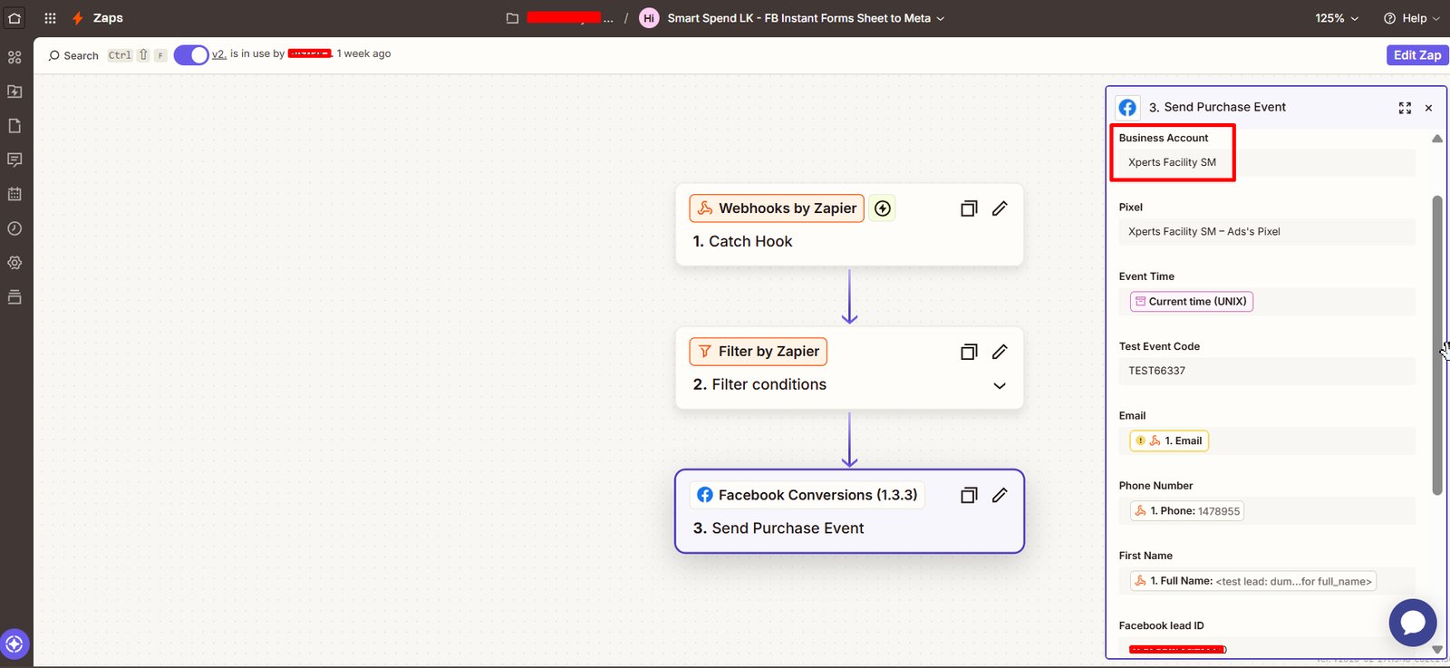 Zapier automation pipeline sending lead data to Facebook Conversions API