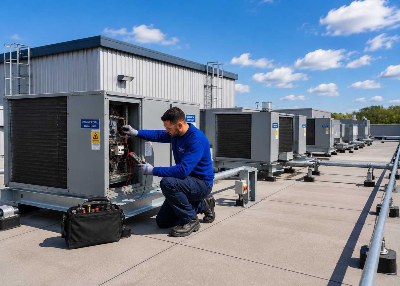 AdsFlair HVAC client technician servicing a rooftop air conditioning unit
