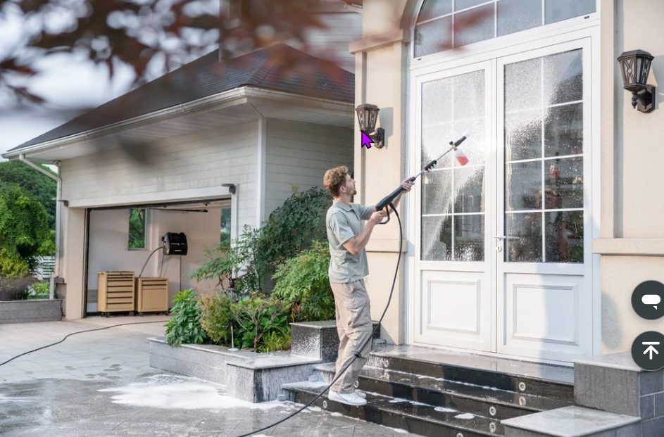 AdsFlair pressure washing client cleaning a residential front door and driveway